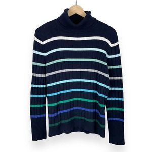 Talbots Ribbed Knit Blue Striped Turtleneck Sweater Button Cuff Size M